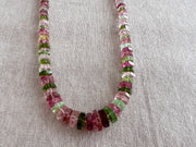 AAA natural Tourmaline bolt cut gemstone beads featuring soft pink, medium pink, and light to dark green tones.