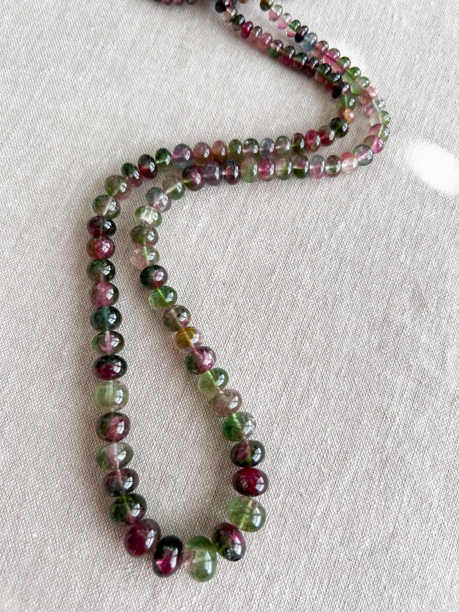AAA-grade natural bi-color tourmaline smooth rondelle gemstone beads, graduated from 5.5mm to 11mm, featuring beautiful natural color variations for jewelry making. full strand