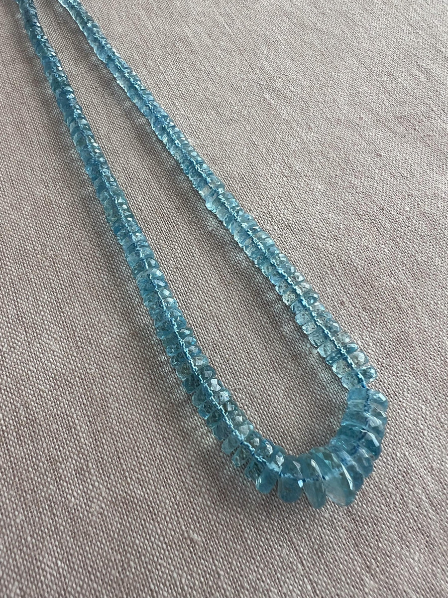 Close-up of transparent Santa Maria Aquamarine beads showing exceptional deep blue color, clarity, and sparkling facets.