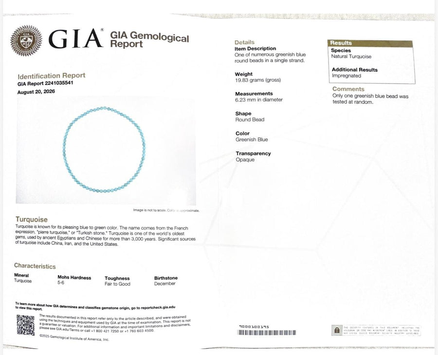 GIA gemstone identification report accompanying natural Sleeping Beauty Turquoise smooth round beads from Arizona.