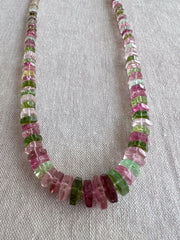 AAA natural Tourmaline bolt cut gemstone beads featuring soft pink, medium pink, and light to dark green tones.