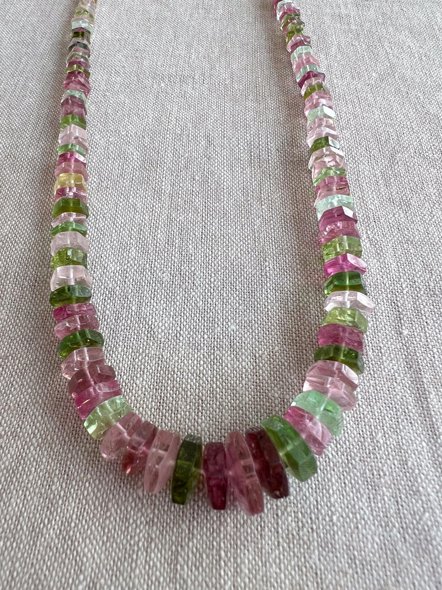 AAA natural Tourmaline bolt cut gemstone beads featuring soft pink, medium pink, and light to dark green tones.