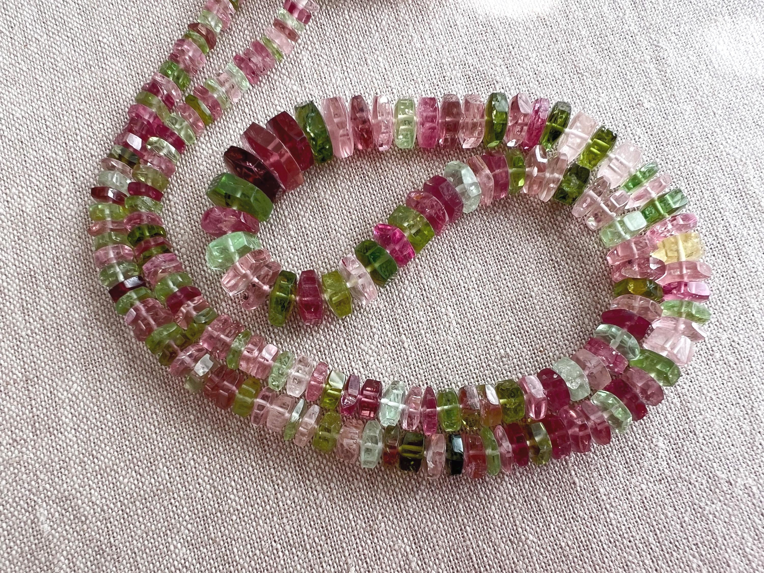 AAA natural multi-color Tourmaline faceted bolt beads in beautiful pink and green shades, graduated from 5.5mm to 12mm.