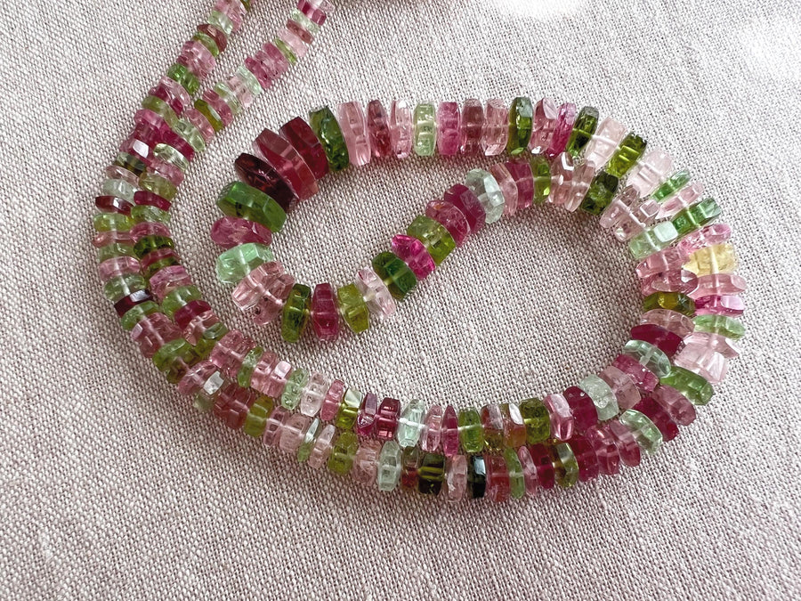 AAA natural multi-color Tourmaline faceted bolt beads in beautiful pink and green shades, graduated from 5.5mm to 12mm.