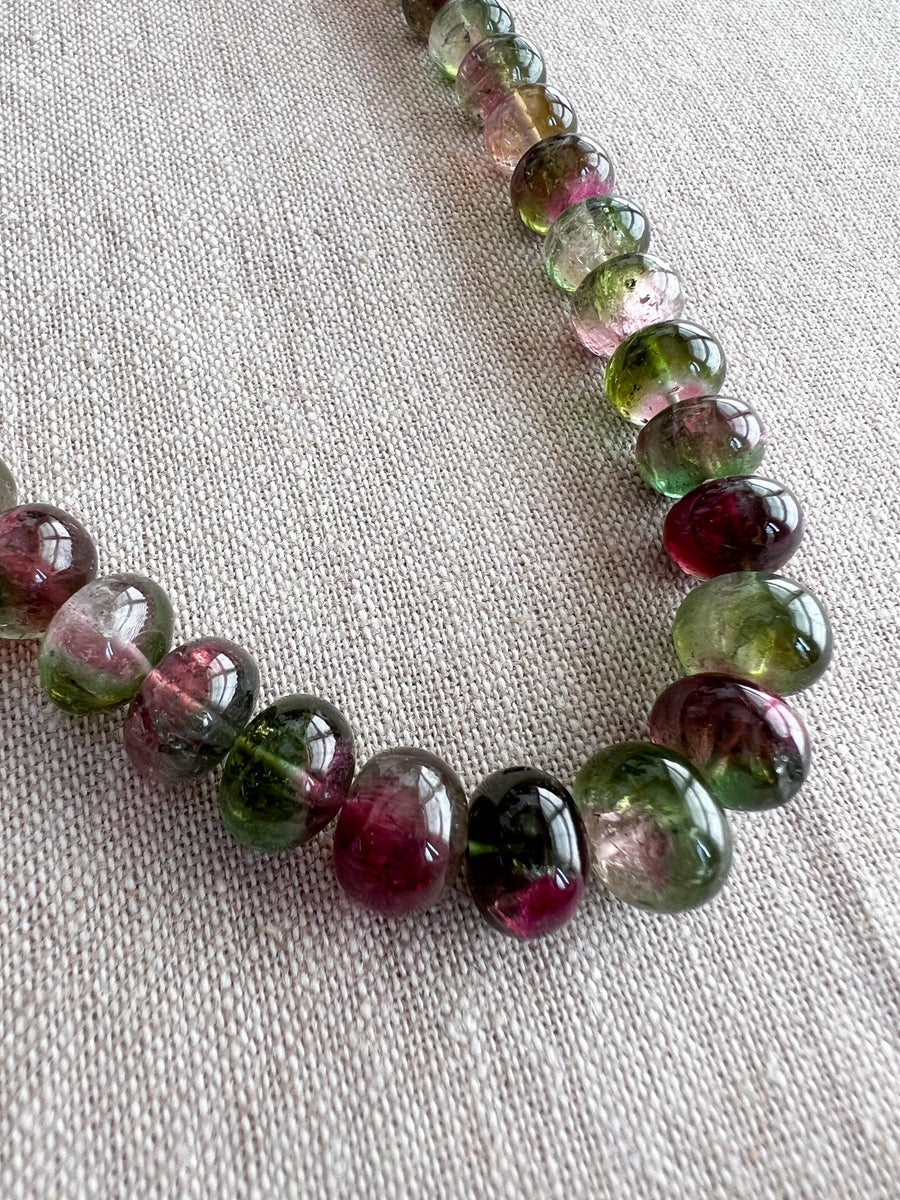AAA-grade natural bi-color tourmaline smooth rondelle gemstone beads, graduated from 5.5mm to 11mm, featuring beautiful natural color variations for jewelry making. close detail image, green purple and pink stones