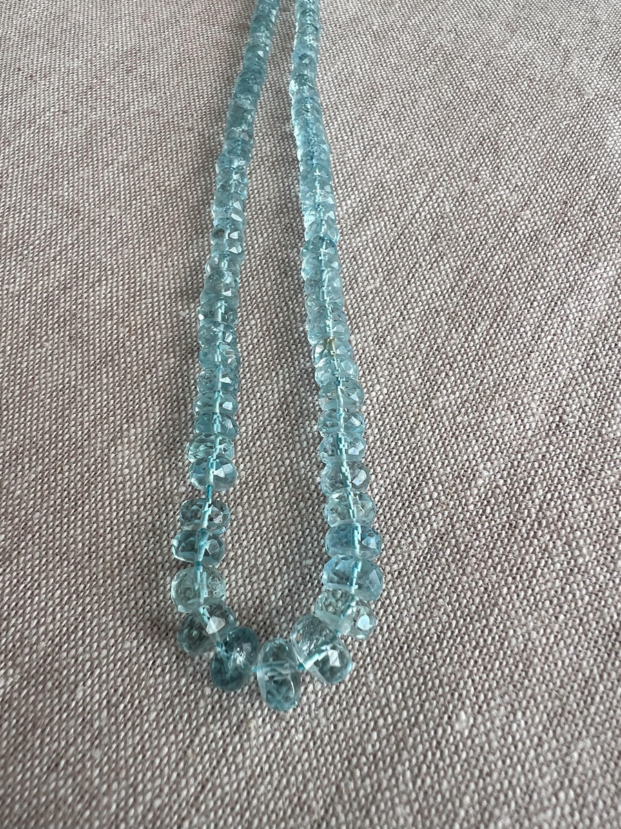 Close-up of AAA Aquamarine faceted rondelle beads showing transparent blue gemstones, excellent clarity, and sparkling hand-cut facets.