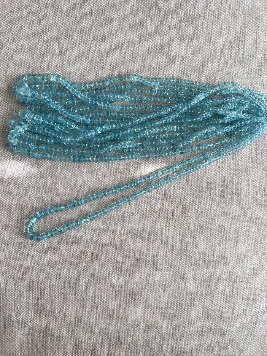 16-inch strand of natural Brazilian Aquamarine faceted rondelle beads, graduated from 3.5mm to 6.5mm for fine jewelry making.