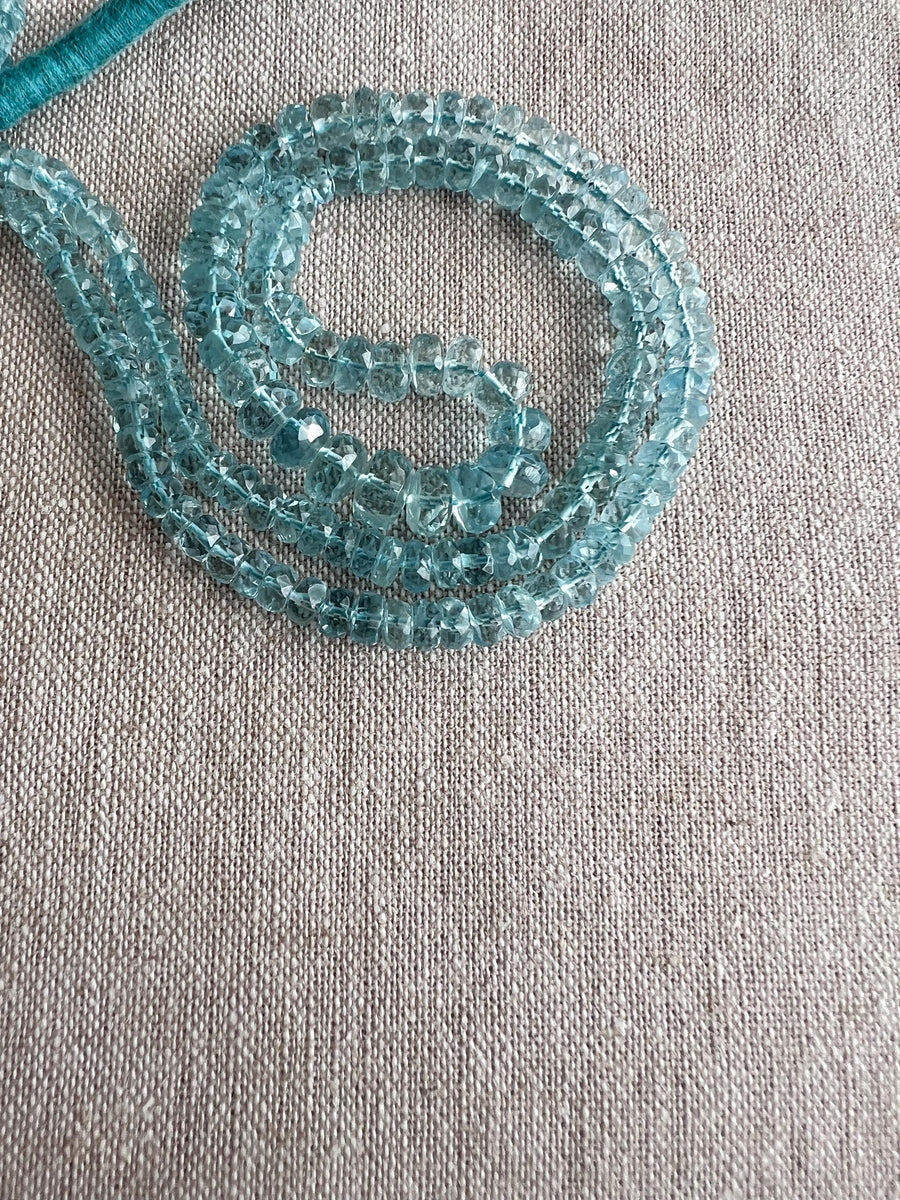 AAA natural unheated Aquamarine faceted rondelle beads from Brazil, graduated 3.5mm to 6.5mm with beautiful medium blue color.