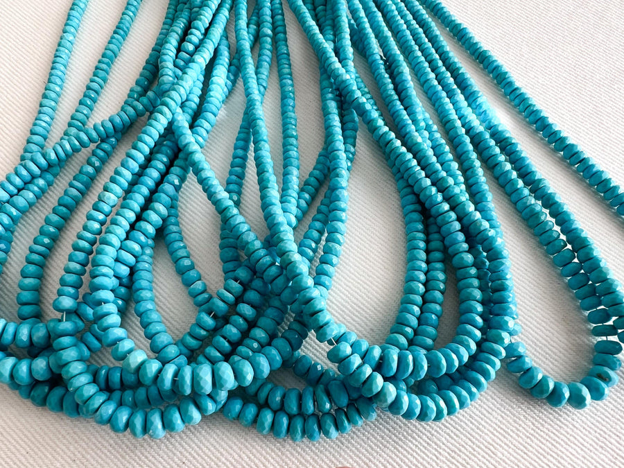 High-grade natural Sleeping Beauty Turquoise faceted rondelle beads from Arizona old-mine material, ideal for handmade gemstone necklaces and bracelets. multiple strands