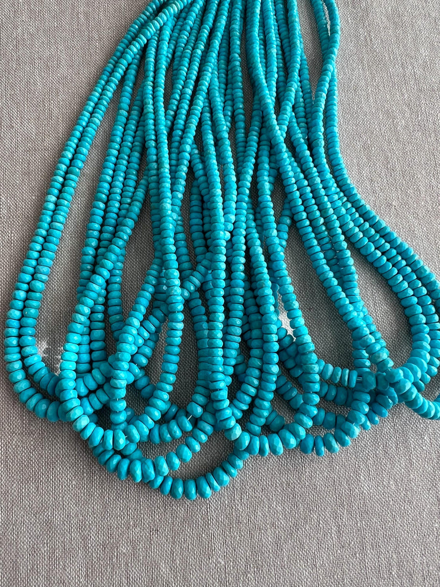 Strand of natural Arizona old-mine Sleeping Beauty Turquoise faceted rondelle beads, graduated from 3mm to 6.5mm for fine jewelry making. multiple strands 