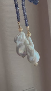 Iolite Lariat Multi Way Necklace with Baroque Pearl Ends