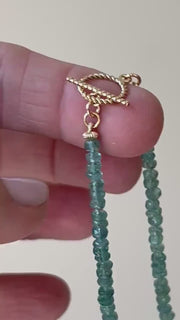 Blue tourmaline necklace hand knotted on silk with 14k gold-filled accents with clasp shown, video