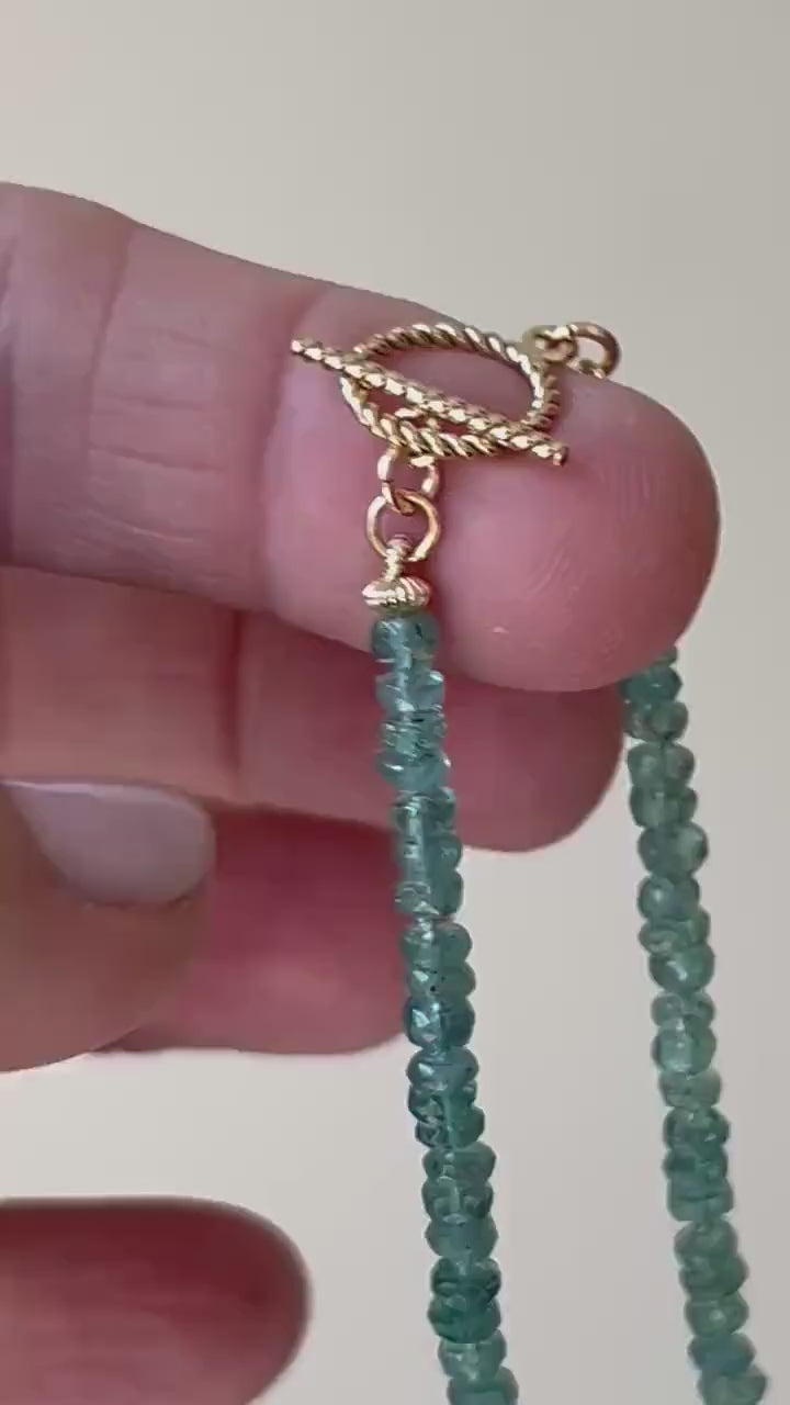 Blue tourmaline necklace hand knotted on silk with 14k gold-filled accents with clasp shown, video