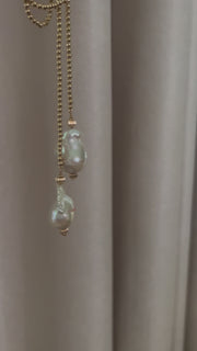 Gold Bead Lariat Necklace with Baroque Pearl Ends