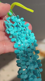 Smooth almond-shaped Sleeping Beauty turquoise beads showing natural Arizona turquoise color and polished surfaces. video of multiple strands