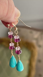 Turquoise and Rhodolite Dangle Earrings