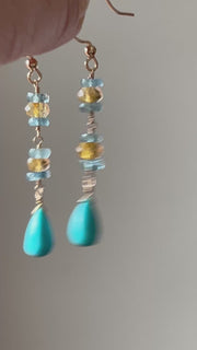 Turquoise Dangle Earrings with Aquamarines and Citrines
