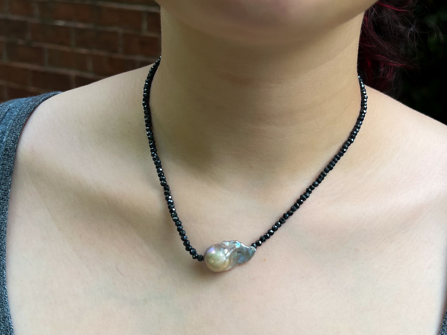 Baroque Pearl Necklace, Black Spinel, Short