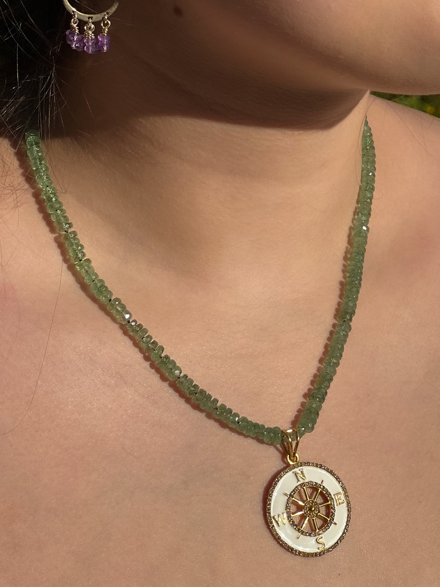 Green Kyanite Gemstone Necklace with White Enamel Compass Pendant