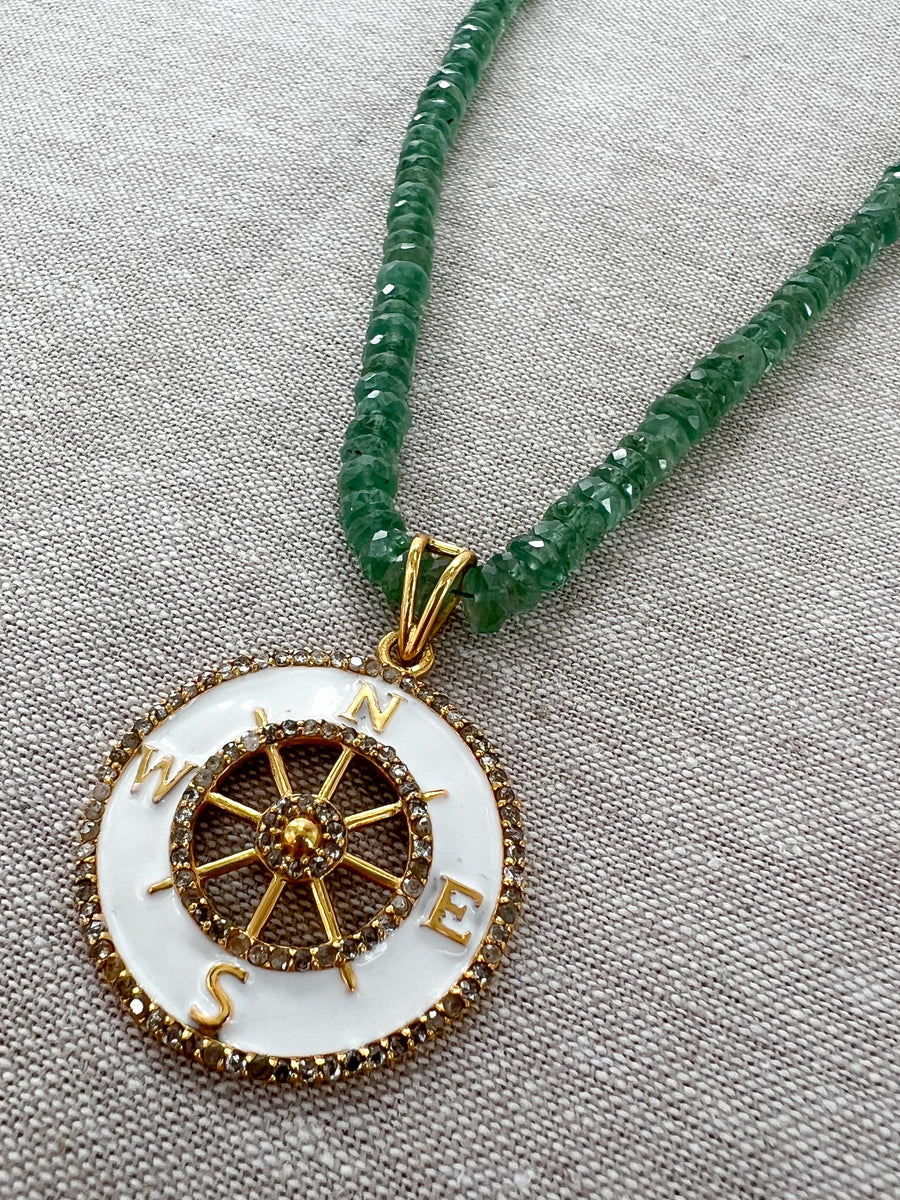 Green Kyanite Gemstone Necklace with White Enamel Compass Pendant