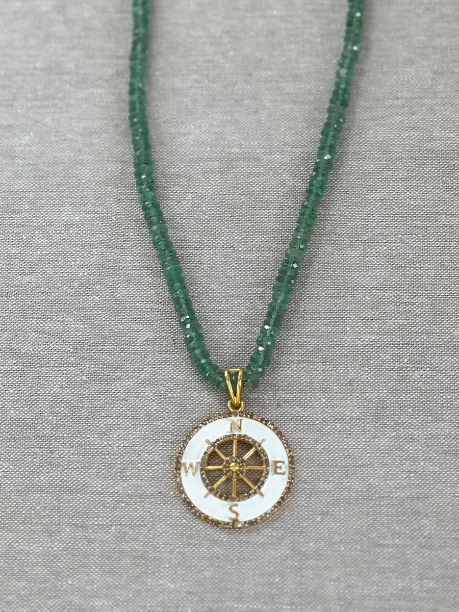 Green Kyanite Gemstone Necklace with White Enamel Compass Pendant