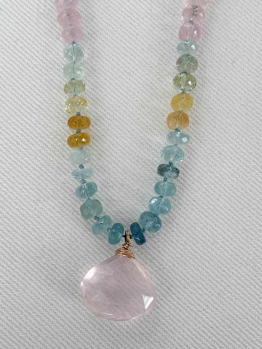 Morganite and Aquamarine Necklace with Rose Quartz Pendant