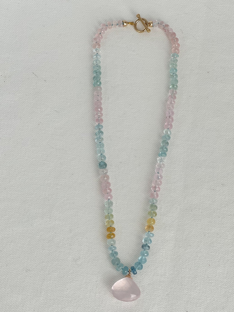 Morganite and Aquamarine Necklace with Rose Quartz Pendant
