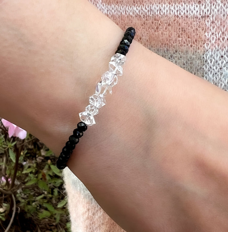 Herkimer_Diamonds,Clear_Herkimers,Black_Spinel,Spinel_rondelles,Spinel,gemstone_bracelet,handmade_jewelry,Gifts_for_Her,April_Birthstone,Mother's_Day_gift,Sterling_Silver,Black_White_bracelet,Black_and_White