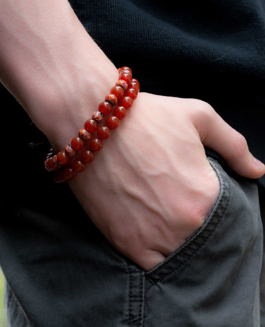 Men's Carnelian and Tibetan Glass Corded Bracelet