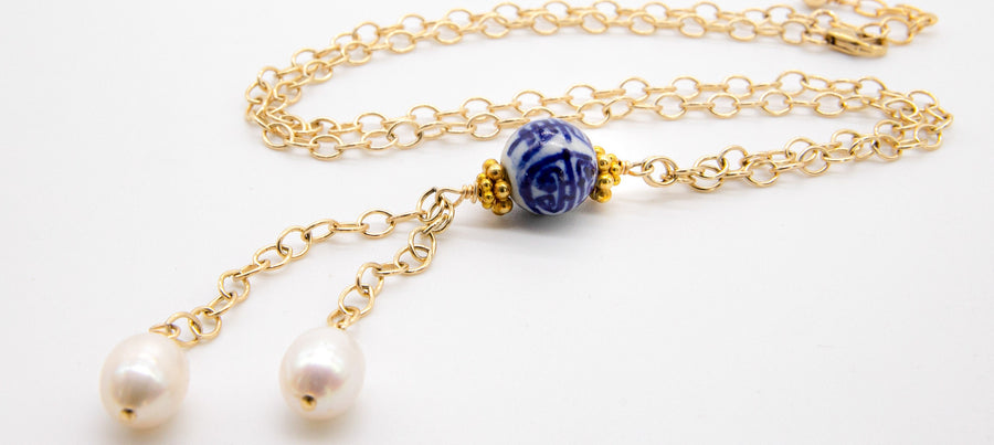 Chinoiserie Bead Necklace with Rice Pearls