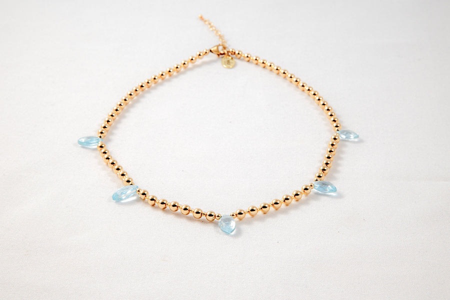 Lt Blue Topaz and Gold Bead Necklace