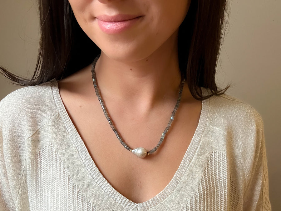 Heishi Labradorite and Baroque Pearl Necklace