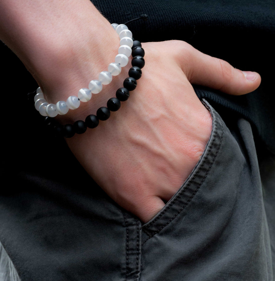 White Agate Tuxedo Men's Adjustable Bracelet