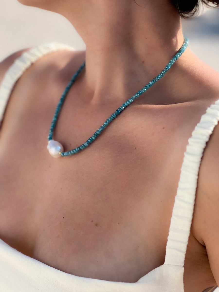 Blue Silverite and Baroque Pearl Necklace