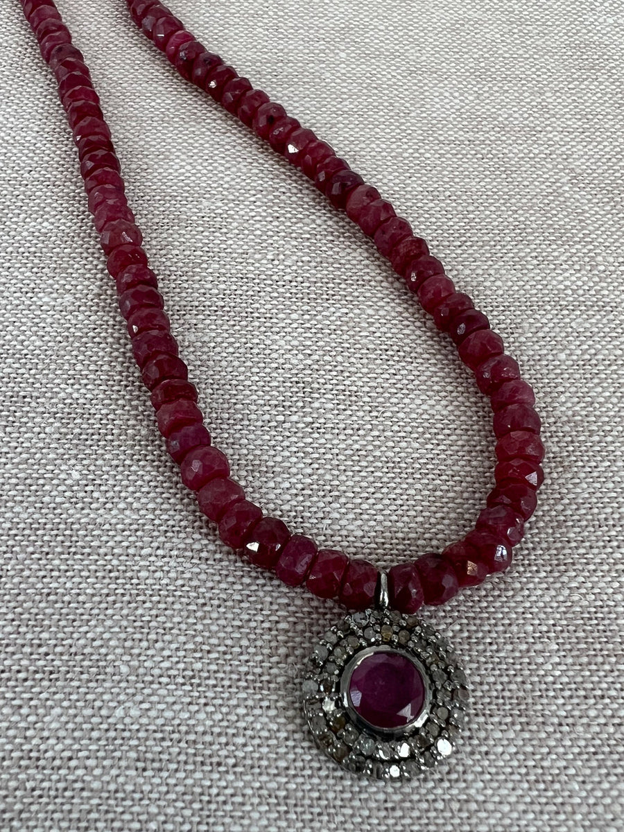 Ruby Necklace with Diamond Pave Ruby Pendant