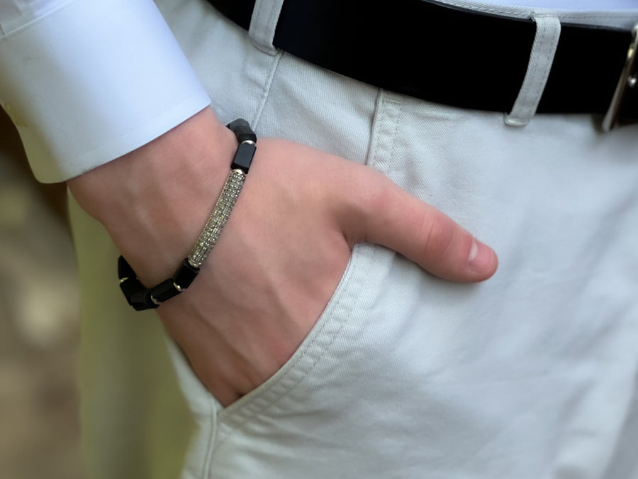 Men's Shungite Bracelet with Diamond Pave Bar Accent