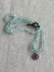 Aquamarine Heishi Necklace with Diamond Pave and Ruby Pendant