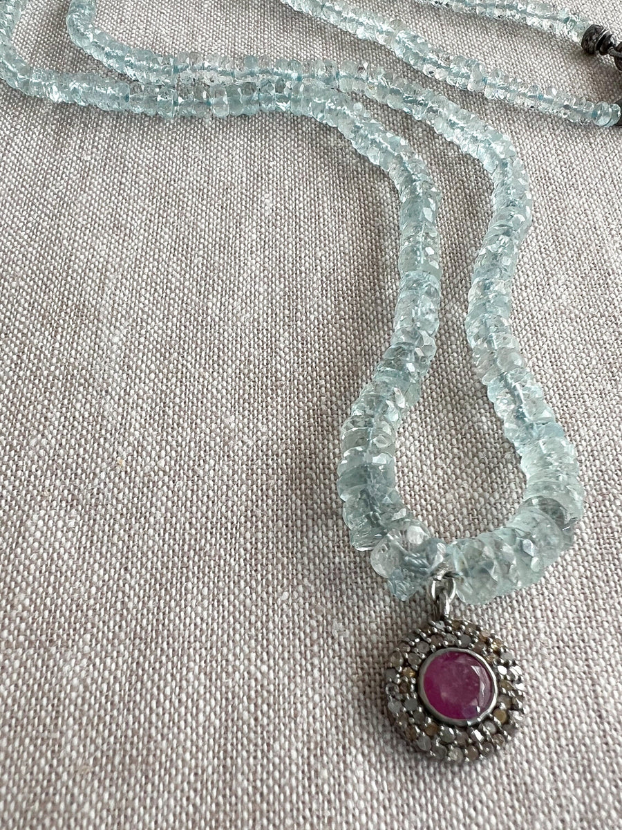 Aquamarine Heishi Necklace with Diamond Pave and Ruby Pendant