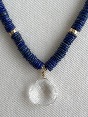 Heishi Lapis Necklace with Clear Quartz Pendant