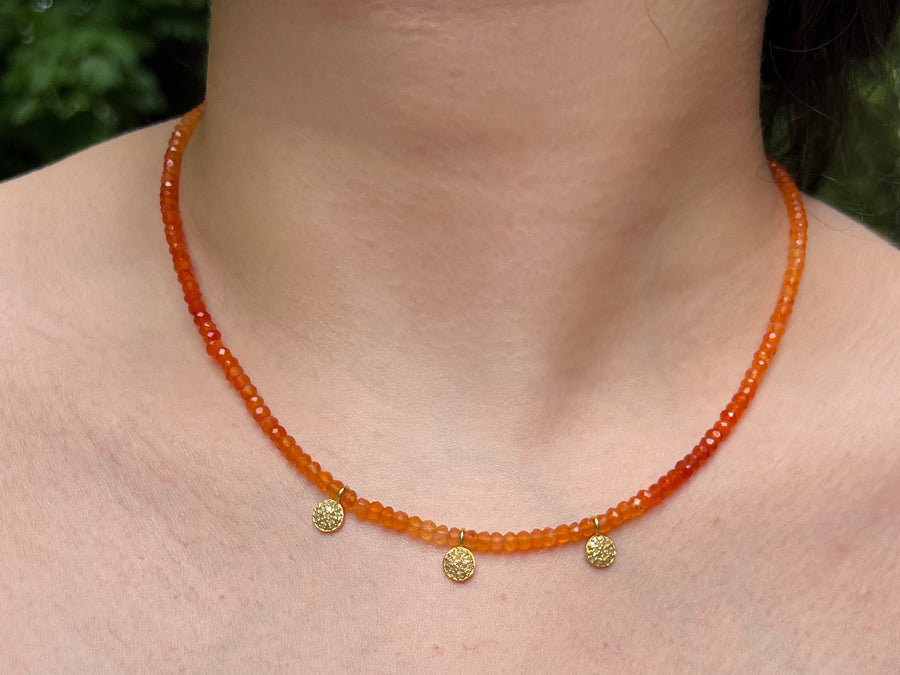 Dainty Carnelian Necklace with Pave Diamond Accents