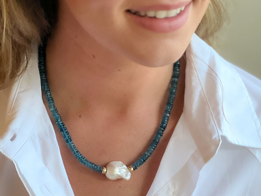 Neon Apatite Heishi Necklace with Baroque Pearl Accent