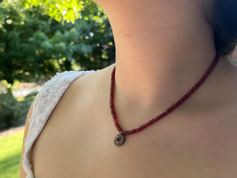 Ruby Necklace with Diamond Pave Ruby Pendant